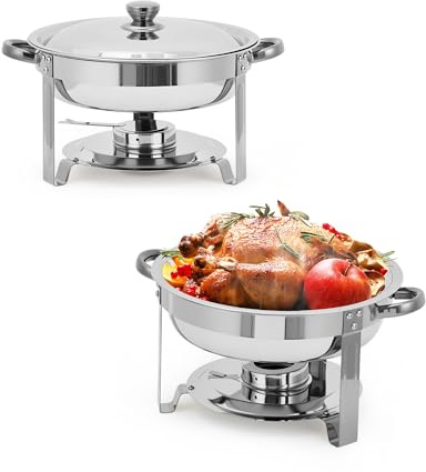 Stainless Steel Set 2Pcs – Edelstahl rundes Chafing-Dish-Set, 2-teilig – 5 l Speisenwärmer aus Edelstahl,isolierter Buffet-Wärmebehälter mit Brennerhalterung
