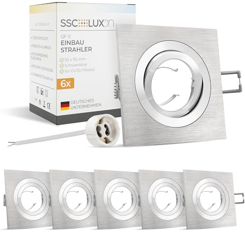 SSC-LUXon 6 Stück QF-2 Einbaustrahler Alu gebürstet quadratisch schwenkbar – Spot Einbaurahmen mit GU10 Fassung (ohne Leuchtmittel)