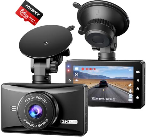Dashcam Auto con Telecamera per auto Anteriore 2K, Schermo IPS 3 Pollici, Monitoraggio Parcheggio 24 Ore, Angolo Largo 170°, Sensore G, WDR, Registrazione a Ciclo, Include Scheda SD 64GB