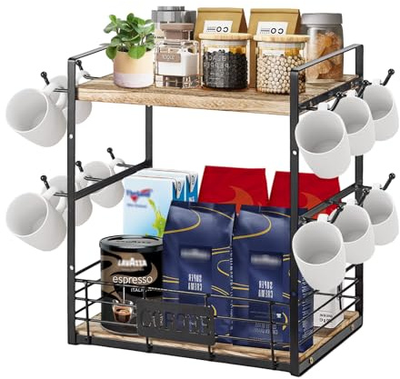 2 Tier Coffee Bar Organizer Countertop Station Rack for Kitchen with 12 Mug Hooks – Multi-Functional Cup Mug Holder Coffee Bar Kitchen Storage Shelf Space-Saving Home & Office Display Rack