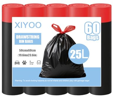 XIYOO Bin Bags 25L Bin Liners with Drawstring 60 Counts Black Rubbish Bag Strong Trash Bags