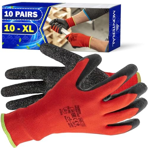 MONTERAL 10 Pares Guantes de Trabajo Talla 10 XL Protección Cat II Recubiertos de Látex Anti-Slip - Guantes Trabajo Hombre y Mujer Pueden Usarse para Obra Taller Mecanico Jardineria Montaje