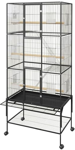 69-Inch Height Extra Large Metal Bird Cage with Rolling Stand - Wide Flight Parrot Cage for Cockatiels, Conures, Parakeets, Lovebirds, Budgies & Finches (Black)