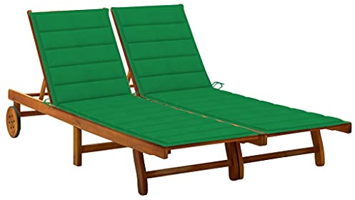 Yisssmeng 2-Person Acacia Wood Chaise Lounge Chair Outdoor with Green Cushion, Adjustable Backrest & Wheels 23.6x78.7x32.7 Sun Lounger for Patio Poolside Deck Garden Terrace