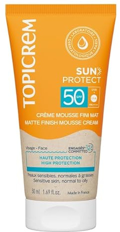 Topicrem - Sun Protect, Crème Mousse Fini Mat SPF50 - Crème Solaire Visage Haute Protection, Hydrate 24h, Fini Mat - Soin Peaux Sensibles, Exposées au Soleil - Parfum Ensoleillé - 50 ml