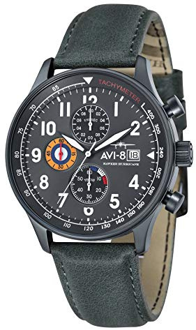 AVI-8 Herren 42mm Hawker Hurricane Classic Chronograph Military Green Japanische Quarz-Fliegeruhr mit Lederarmband AV-4011-0D