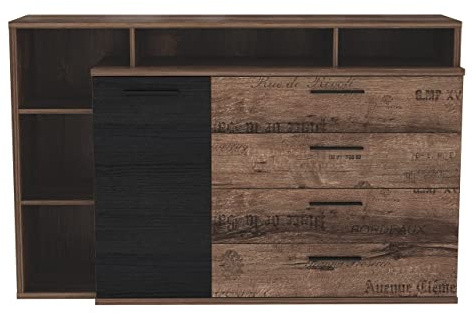 Forte Jacky Kommode mit 1 Tür und 4 Schubladen, Holzwerkstoff, Schlammeiche / Schwrzeiche, 65 x 98,5 x 153,1 cm