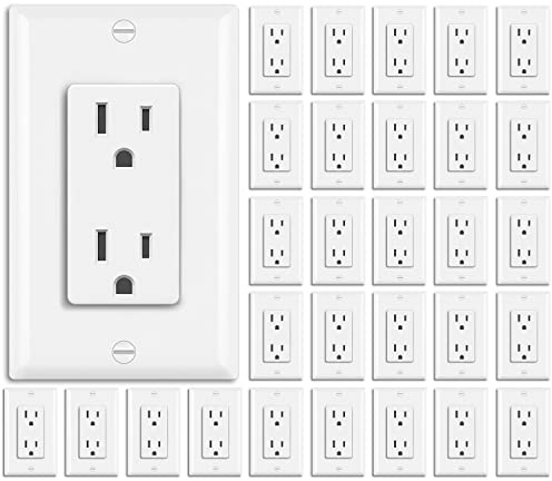 BESTTEN 30 Pack 15 Amp Outlets, Standard Electrical Wall Outlet, Decorator Receptacle Outlet for Residential and Commercial Use, Non-Tamper-Resistant, 125V/1875W, Wall Plate Included, UL Listed, White