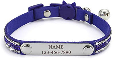 Mogokoyo Personalisiert Katzenhalsband mit Glöckchen Reflektierend Katzenhalsband Namen Telefonnummer Sicherheitsverschluss Verstellbar Kristall Katze Kitten Samtstoff 21-25cm