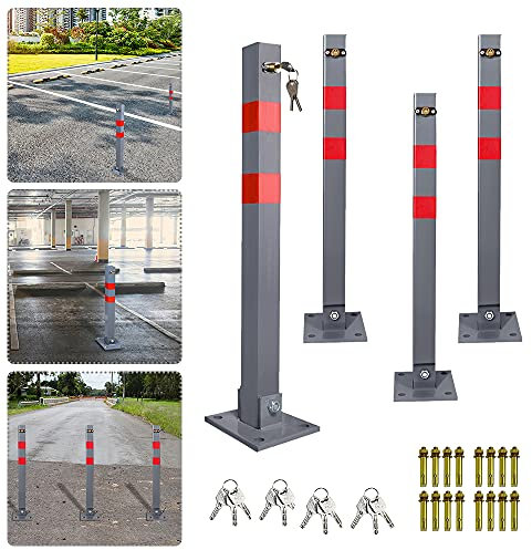 Lospitch Parkplatzsperre Stahl Klappbare Parkpfosten Absperrpfosten Parkplatzsperren mit 3 Schlüssel und Reflexstreifen Robust Standfuß Sperrpfosten Set (4 Stück)