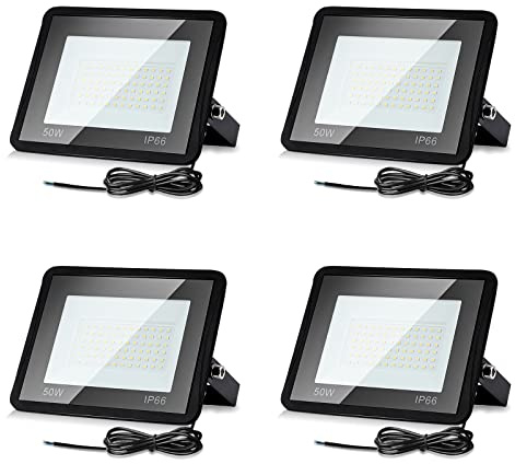 Lospitch Spot LED 50W extérieur 4 pièces, 4250LM 6000K Projecteur extérieur super lumineux blanc froid, projecteur LED étanche IP66, lampe d'extérieur pour jardin, cour, garage, hôtel, terrain sport