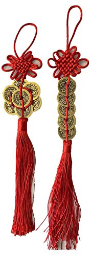 Stormflag China 2pcs Kaiser Dinero Riqueza Éxito Amuleto de la Suerte Rojo Chino Nudo Las Borlas de la Suerte Monedas Feng Shui Monedas Ira Decoración Coche Colgante, Poliéster
