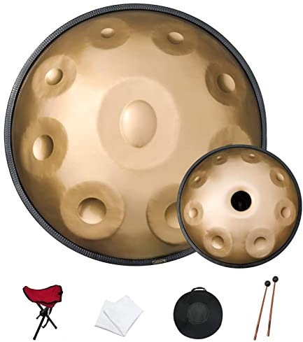 PROPFE Golden Handpan Drum Percussion, Hand Pan Steel Drum 17 Noten 22 Zoll 440 Hz in d-Moll mit weicher Handpan-Hülle, langlebiger Handpan-Ständer