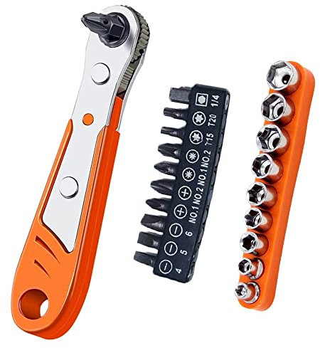 TorSor Right Angle Screwdriver Bit Set 1/4 Inch Drive Mini Ratchet Socket Wrench Set Pocket Handle 20 Piece 90 Degree Low Profile Offset Ratcheting Wrench Driver for Small Spaces Tight Spots EDC Tool