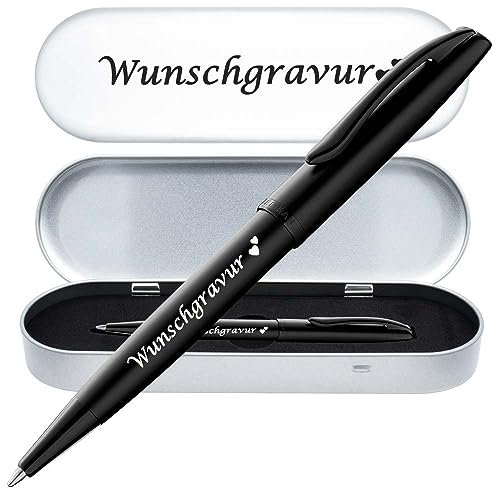Juwelier Schönschmied PeIikan Kugelschreiber mit Gravur als Geschenk | inkl. Etui mit Wunschgravur (Platz für 10 Stifte) | Emoji Gravur | Kugelschreiber Jazz Noble Elegance Carbon Schwarz