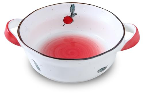 Dowbom Keramikschale mit Griff, kleine Suppenschüssel, mikrowellengeeignet, Suppentasse (rot, 652 ml)