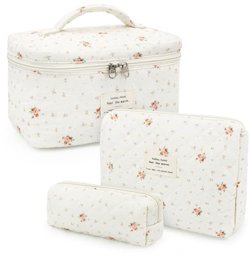 beifon 3er Set Kosmetiktasche Kulturtasche Damen mit Blumenmuster, Kulturbeutel Make Up Tasche, Tragbare Schminktasche Makeup Bag Waschtasche Groß Frauen Mädchen