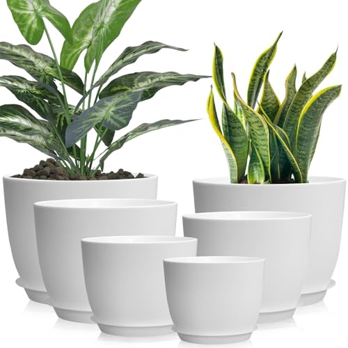 Duscdesp 18/16/14/13/11/10CM Plant Pots Indoor Outdoor 6 Pcs Plastic Plant Pots,Large Plant Pot Indoor with Drainage Holes and Tray,Plants Flower Pot for Home Garden(White)