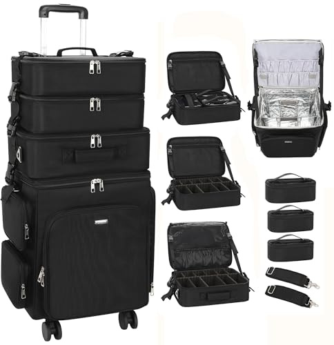 Relavel Rolling Makeup Case, 4 in 1 Hairstylist Traveling Bag Cosmetology Case on Wheels Large Hair Tools Cosmetics Train Case Makeup Artist Storage Organizer Trolley Suitcase with 360° Swivel Wheels