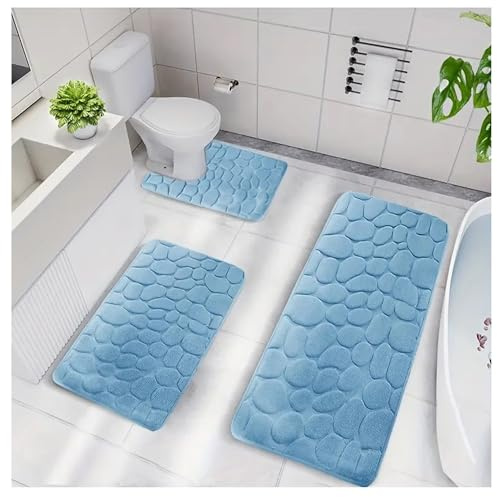 Set of 3 Memory Foam Bathroom Mats Absorbent Bathroom Rugs Toilet WC Contour Mat Machine Washable for Bathroom and Toilet Area