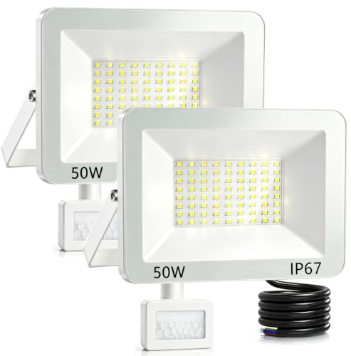 ANNIFUNLY Projecteur LED Exterieur Detecteur de Mouvement 50W 5000lm, 2 Pièces Spot LED Extérieur Avec Detecteur Blanc Froid, IP67 Étanche Éclairage de Sécurité d'extérieur Pour Patio Garage Jardin | 2 Pièces Spot LED Extérieur Avec Detecteur Blanc Froid, IP67 Étanche Éclairage de Sécurité d'extérieur Pour Patio Terrasse