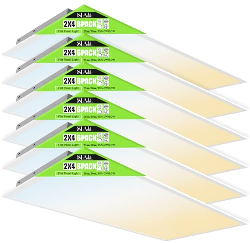 SLAclite 6 Pack 2x4 LED Flat Panel Light 50/40/35/30/25W 6500lm Adjustable, 0-10V Dimmable LED Flush Mount Ceiling Light Fixtures, 2.7K/3K/3.5K/4K/5K Selectable for Office Kitchen Garage - ETL Listed