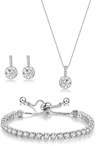 UDYLGOON Bridesmaid Jewelry Set Round Cubic Zirconia Earrings Necklace Bracelet Set for Women Wedding Party Prom Daily (Silver)