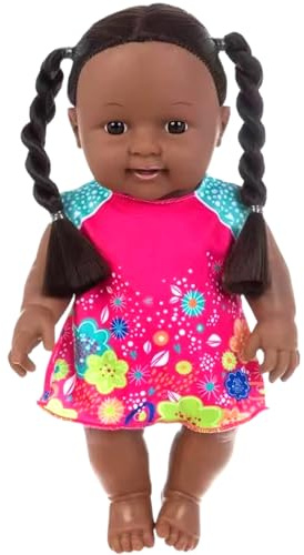 Licsaliwe Schwarze Babypuppe mit beweglichen Gelenken, 12 Zoll große amerikanisch-afrikanische realistische Puppe mit Kleid und Zöpfen, dunkle Haut für Kindergeschenke