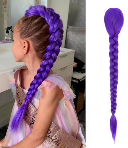 Lange Violette Flechte mit Clips 26 Zoll Cosplay Clip in Haarverlängerung mit Synthetischen Box Braids und Pferdeschwanz für Anime Cosplay Kostüme