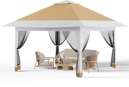 Carpa Plegable De Doble Techo Resistente De 3,6 x 3,6 m para Patio Exterior con Mosquitera, Instalación con Un Solo Toque, Pabellón con Mosquitera y 4 Sacos De Arena, para Patio, Jardín y Césped,