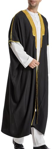 Kaftan Hombres Oriente Medio Étnico Vestidos de Oración Abaya Islam Túnica Retro Túnica Lino Ropa Musulmana Tradicional Thobe Bisht Cloak Árabe Bordado Túnica Exterior, R negro., L