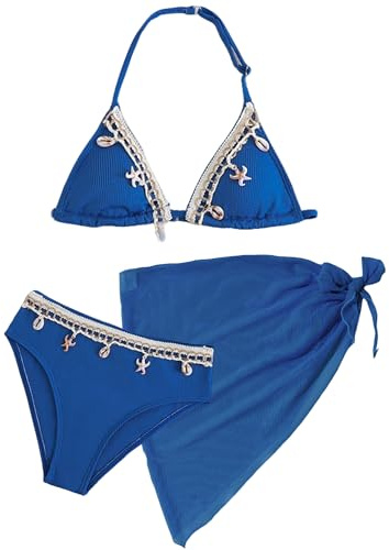 SEAUR Bikini da bambina, 3 pezzi, allacciatura al collo, costume da bagno con gonna, alla moda, decorazione a conchiglie, costume da bagno imbottito, 8-12 anni, blu reale, 11 anni