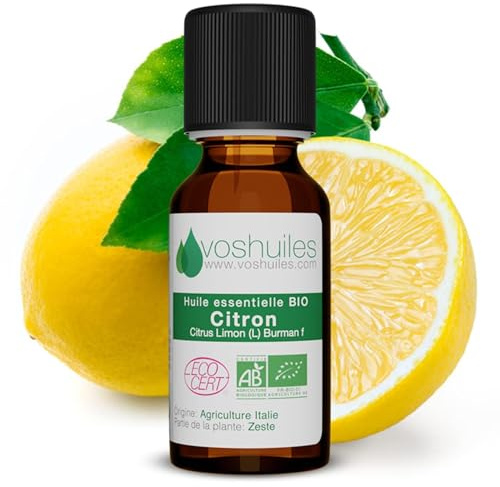 Voshuiles - Huile Essentielle Citron Bio 20ml - Parfum Frais d'Agrumes - Fortifiante et Purifiante - Huiles Essentielles de Qualité - 100% Pure et Naturelle - HEBBD et Certifiée ECOCERT