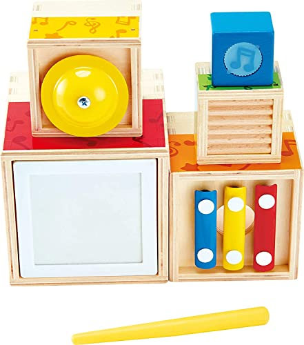 Hape Sechsteiliger Musik-Stapelwürfel - Musikspielzeug mit 5 musikalischen Klötzen (Trommel, Xylophon, Rassel, Kratzbrett, Mini-Gong) – Holz-Lernspielzeug für Kleinkinder – ab 18 Monaten