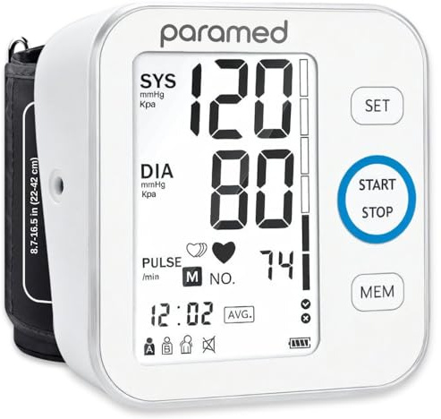 Paramed Blood Pressure Monitor - Bp Machine - Automatic Upper Arm Blood Pressure Cuff 8.7-16.5 inches - Large LCD Display 120 Sets Memory - Device Bag & Batteries Included