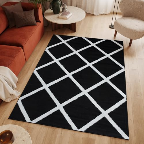 TAPISO Luxury Teppich Kurzflor Schwarz Weiß Modern Marokkanisch Geometrisch Muster Kariert Karo Design Wohnzimmer Schlafzimmer ÖKOTEX 120 x 170 cm
