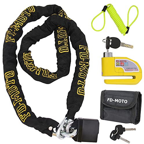 FD-MOTO 1.8M*10mm Steel Motorbike Chain Lock Padlock + Yellow Alarm Brake Disc Lock 7mm Pin + 1.5M Cable + Pouch