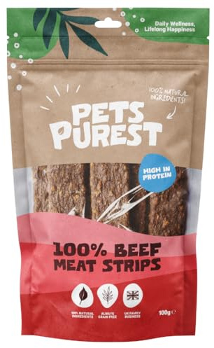 Pets Purest Beef Strips Dog Treats, Air-Dried Beef Sticks - 100% Natural Dog Chews, Grain Free, High Protein, Raw Dog Treats Suitable for Puppy & Senior - 100g