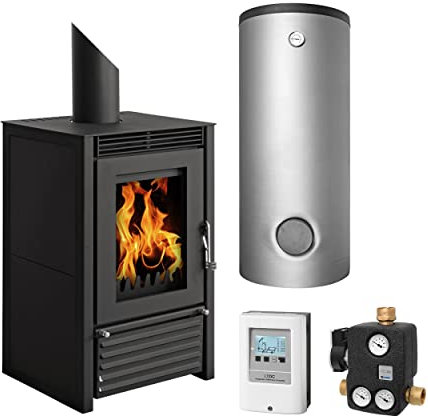 Schmitzker KS3013 Marbella Compact Schwarz Wasserführender Kaminofen - Komplett-Set mit Pufferspeicher TPSM 300L, inkl. Isolierung