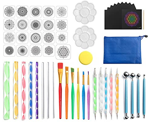 SIPLIV Mandala Dotting Tools Set Mandala Pochoir Boule Stylet Brosse Acrylique Tige Plateau De Peinture Set Pour Roches Tissu Mur Nail Art Peinture Coloriage Dessin Dessin - 57 pcs