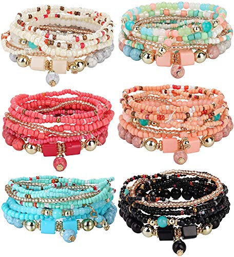 LOLIAS 6Pcs Bohemian Bead Armbänder Set für Damen Mädchen Mehrschichtiges Armband Set Anhänger Stapelbare Perlen Armbänder Boho Charm Stretch Armreifen