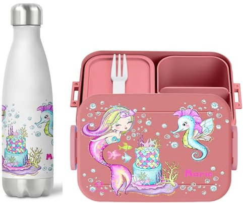 wolga-kreativ Personalisiertes Set Mepal Brotdose rosa und Trinkflasche Meerjungfrau Seepferdchen für Jungen und Mädchen - Bento Lunchbox mit Fächern und Unterteilung Geschenk Schule Kindergarten