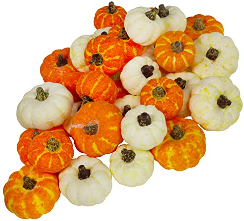Winlyn 32 Pcs Assorted Artificial Orange and Cream Baby Boo Mini Pumpkins Rustic Harvest Pumpkins Fall Thanksgiving Halloween Wreath Tabletop Decor Bowl Fillers