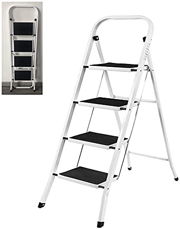 Qimu 4-Stufen-Leiter, tragbare Faltbare Stahlleiter, rutschfeste Trittleiter, Sicherheitsklapp-Hochleistungs-Tritthocker, ideal für Zuhause/Küche/Garage, 150 kg maximale Kapazität