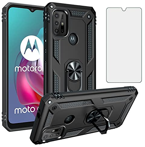 Asuwish Funda para Motorola Moto G30/G20/G10 con Cristal Templado Protector Pantalla Vidrio Pelicula Protectora Magnética Anillo Soporte TPU Silicona G 30 20 10 Power 30G Móvil Tapa Carcasa Case Negro