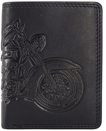 Hill Burry ® Geldbörse Geldtasche Geldbeutel Portemonnaie aus Leder für Herren Männer RFID-Schutz mit Münzfach (Einkaufchip) und Einer Prägung Motorbike Bike Motorcycle (Hochformat, Schwarz)