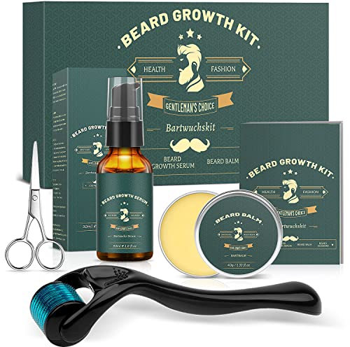 Beard Growth Kit, KHOLEZ Bartpflege Set für Männer, Dermaroller Bartwuchsmittel Männer mit Bartroller Bartwuchs 0,25mm, Bartwuchs Bartöl, Bartbalsam, Bartschere, Geschenke Weihnachten für Männer Vater