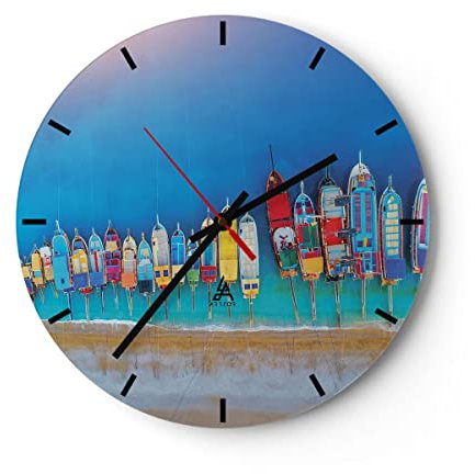 Horloge Murale Design Moderne Navire Plage Perspective 40x40cm Petit Pendule murale en verre Cuisine Salon Chambre Silencieuse Originale Wall Clock Décoration Murale Art Wall Decor C3AR40x40-4415