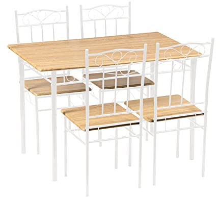 IPOTIUS Esszimmer-Set mit Esstisch und 4 Stühlen, Esstisch und Stuhl aus Buchenholzmaserung, weiße Metallbeine, für Esszimmer, Küche, Wohnzimmer