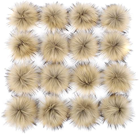 16 Stück Kunstfell Pompon Bommel,Faux Fuchspelz Fellbommel mit elastischer Schlaufe Pom Flauschig Plüsch Bälle Set zum Basteln für Mützen Tasche Schals Schlüsselanhänger Dekoration Zubehör,Beige